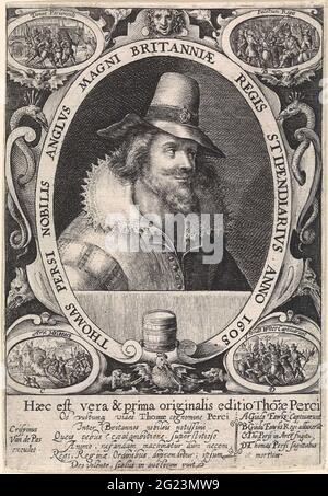 Ritratto di Thomas Percy. Ritratto del cattolico inglese Thomas Percy che fu coinvolto nella perlade degli autobus del 1605. Questo è stato un piano cattolico per far esplodere il parlamento inglese e uccidere il re James I. negli angoli mostra con la detenzione e la convinzione di Guy Fawkes (ha sorvegliato la polvere da sparo prima dell'attacco), Thomas Percy che è sparato nella Casa di Holbeche e la morte di Thomas Percy. Foto Stock