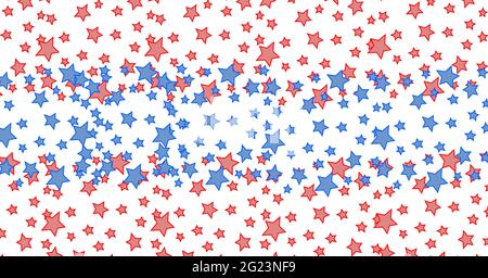 Composizione di piccole stelle rosse e blu in strisce orizzontali che riempiono lo sfondo bianco Foto Stock