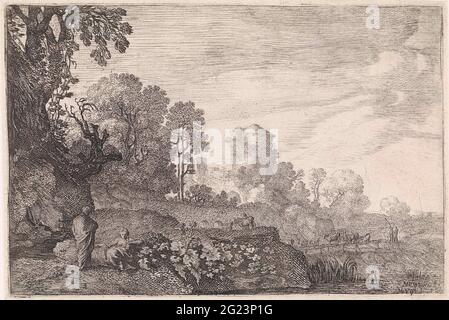 Paesaggio con una mandria su un ponte; paesaggi arcadici. Una mandria con pastori tira sopra un semplice ponte di legno, che porta su un'ampia cascata. Alle sue spalle si trova un ponte ad arco in pietra e un'alta torre rotonda. In primo piano un uomo e una donna. Foto Stock