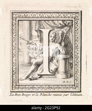 Lettera i e gli inni del dio di nozze. La lettera e l'iniziale io con il dio greco di nozze negli inni di sfondo, che mostra uno scudo con un altare con l'immagine di una rosa rossa e bianca. Le rose raffigurano la casa di York e la casa di Lancaster. Questa mostra simboleggia il matrimonio tra Hendrik VII, re d'Inghilterra, ed Elisabetta di York. In fondo ad un testo esplicativo in francese. Foto Stock