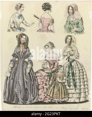 The World of Fashion, 1847: The Last & Newest (...) Abiti di mattina. Le ultime e più recenti modalità del 1847 da Londra e Parigi. Novellame mattutino con maniche lunghe e maniche sotto pieghe. Gonne larghe con strisce pieghettate. Accessori: Cappelli a baldacchino con fiori e / o velo, fazzoletto, girante, guanti, ombrellone pieghevole (?), Cinghia. Abbigliamento per bambini: Giapponese a scacchi e Bloomers. Stampa dalla rivista MODE The World of Fashion (1824-1891). Foto Stock