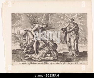 Seconda visione di Ezra: Ezra confortata dall'angelo; visioni di Ezra; Thesaurus sacrarum historiarum Veteris Testamenti (...). L'angelo Uriël conforta Ezra e lo aiuta. Oltre a Ezra la sua visione della donna radiosa Sion. Se scompare, la città di Ezra costruita sullo sfondo. Sotto la mostra un riferimento in latino al testo apocrifo della Bibbia in 4 Ezra 10. Foto Stock