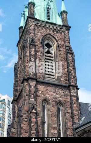 Campanile nella Jarvis Street Baptist Church a Toronto, Canada. L'edificio coloniale e' un punto di riferimento storico della citta' Foto Stock