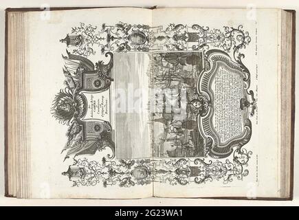 Arrivo del re Carlo III in Catalogna e il suo ingresso a Barcellona, ​​1705; che Anländung Könings Caroli a Catalonien, und EINzug a Barcellona. Arrivo del re Carlo III (Arciduca Karel van Austria) in Catalogna e il suo ingresso a Barcellona, ​​October 1705. Mostra rettangolare in una cornice ornamentale riccamente decorata con una cartouche con il titolo, assegnato un busto re. In fondo ad una cartouche con la descrizione degli eventi in tedesco. Foglia nel set legato di lastre liberate sotto il titolo: RepraesTatio belli ... delle successioni spagnole-Krieg [CA. 1720]. Foto Stock