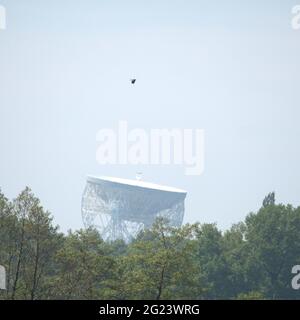 Vista del telescopio Lovell dal prato anteriore della Sala del Capesthorn Foto Stock