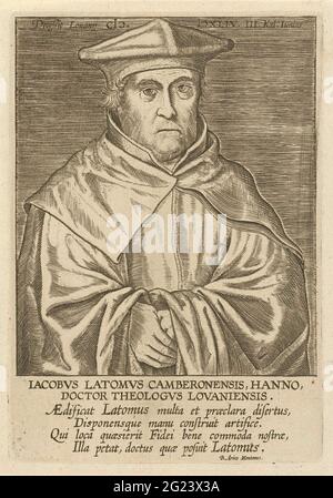 Ritratto di Jacobus Latomus; Iacobvs Latomvs; scrittori noti dei Paesi Bassi; Bibliotheca Belgica. Ritratto di Jacobus Latomus, professore di teologia all'Università di Lovanio. La stampa ha una parte superiore e una didascalia latina ed è parte di una serie di famosi scrittori olandesi. Foto Stock