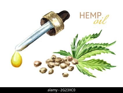 Goccia di olio di canapa, semi e foglie di cannabis, pianta di erbe medicinali. Illustrazione di acquerello disegnata a mano isolata su sfondo bianco Foto Stock