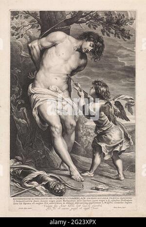 H. Sebastiaan. Amor disegna una freccia dal corpo di H. Sebastiaan. A sinistra in primo piano è il suo manicotto a freccia. Nel margine un incarico e al di sotto di quello una didascalia a due persone in latino. Foto Stock