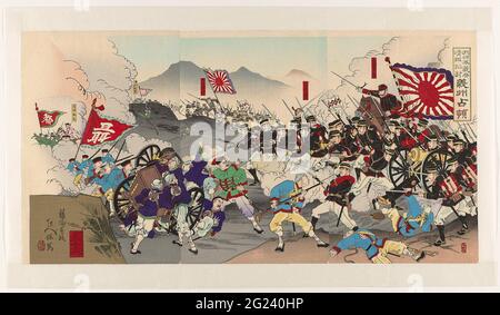 Il grande esercito giapponese sottopone la Cina: Occupazione di Uiju; Dainippon Gihei Shinkoku Seitô: Gishû Senryô. L'esercito giapponese attacca i soldati cinesi nella provincia di Uiju. Uiju si trova nella Corea del Nord, vicino al confine con la Manciuria e vicino al fiume Yalu. Questo fiume avrebbe attraversato l'esercito nell'ottobre 1894 per cadere in Cina durante la prima guerra cinese-giapponese (1894-1895). Foto Stock
