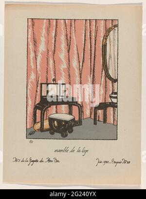 Arredamento e interni. La prima rivista di moda, il Cabinet des Modes (1785-1797), aveva occasionalmente pubblicato anche immagini di nuovi mobili o di un interno da alternare con le mode. La Gazette du Bon Ton ha ripreso questa tradizione, consentendo ai decoratori d'interni e ai designer di mobili di diffondere anche le loro idee. Alcune edizioni sono fornite con supplementi costituiti da un inserto di quattro o cinque crochis (schizzi) raffiguranti interni moderni: Foto Stock