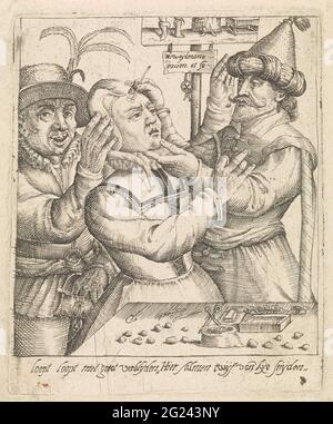 Keisnijder. Tagliare il masso. Un sacco, con turbante sulla testa, graffiato con un bisturi la fronte di una donna. L'uomo dietro la donna tiene la testa e il gusto nel suo sacchetto. Sul tavolo ci sono strumenti e massi. Sul piatto sullo sfondo appende un francobollo con due chiavi, forse lo stemma della città. In fondo a una riga di testo in olandese. Foto Stock