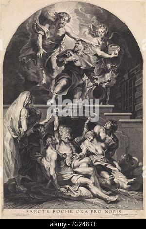 Cristo nomina San Rocco come patrono dei malati di peste. L'incisione di Pontius riproduce una pala d'altare alta più di quattro metri a Sint-Martinuskerk ad Aalst (Belgio). Le incisioni hanno offerto una soluzione per coloro che non sono in grado di viaggiare ad Aalst. Che tali stampe fossero destinate non solo ai collezionisti, ma potrebbero effettivamente svolgere un ruolo sostanziale nella vita quotidiana dei credenti, emerge dalla didascalia: ‘SAut Roch, prega per noi.’ Foto Stock