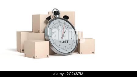 Cronometro posizionato davanti a un cartone sfondo bianco - rendering 3D Foto Stock