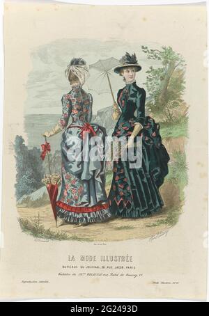 La Fashion Illustrée, 1883, n. 41: Toilette De Mme Delaunay (...). Due donne su una collina, nelle forme di Delaunay con bastone da passeggio, che può anche essere utilizzato come un ombrellone. Stampa dalla rivista la Mode Illustrée mode (1860-1937). Foto Stock