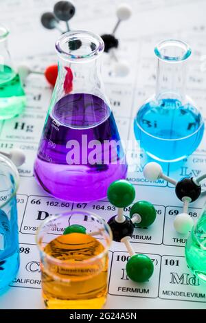 Modelli molecolari e vetreria da laboratorio con liquidi su tavola periodica Foto Stock