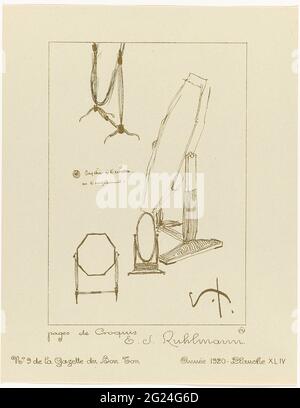 Arredamento e interni. La prima rivista di moda, il Cabinet des Modes (1785-1797), aveva occasionalmente pubblicato anche immagini di nuovi mobili o di un interno da alternare con le mode. La Gazette du Bon Ton ha ripreso questa tradizione, consentendo ai decoratori d'interni e ai designer di mobili di diffondere anche le loro idee. Alcune edizioni sono fornite con supplementi costituiti da un inserto di quattro o cinque crochis (schizzi) raffiguranti interni moderni: Foto Stock