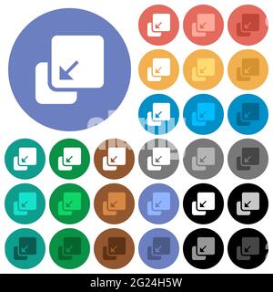 Comprimere le icone piatte multicolore degli elementi su sfondi rotondi. Incluse variazioni delle icone bianche, chiare e scure per gli effetti di stato attivo e del passaggio del mouse, AN Illustrazione Vettoriale