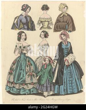 The World of Fashion, 1847: The Last & Newest (...) Abiti mattina e sera. Le ultime e più recenti modalità del 1847 da Londra e Parigi. Sei donne nei cieli di mattina e di sera. Abbigliamento per bambini: Ragazza in mantello, gonna a scacchi e fiori. Stampa dalla rivista MODE The World of Fashion (1821-1891). Foto Stock