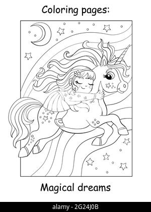 Ragazza carina dorme sul retro di un unicorno volante. Pagina del libro da colorare per i bambini. Illustrazione vettoriale del cartone animato isolata su sfondo bianco. Per colorazione Illustrazione Vettoriale