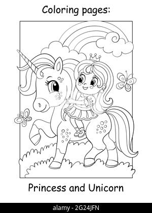 Carino principessa a cavallo su un unicorno. Pagina del libro da colorare per i bambini. Illustrazione vettoriale del cartone animato isolata su sfondo bianco. Per colorare libro Illustrazione Vettoriale