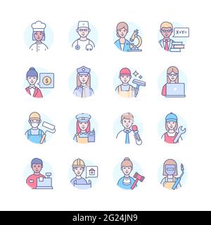Professioni - moderne icone colorate di stile linea design. Specialisti maschili e femminili. Cuoco, medico, insegnante, persona di affari, ufficiale di polizia, detergente, p Illustrazione Vettoriale