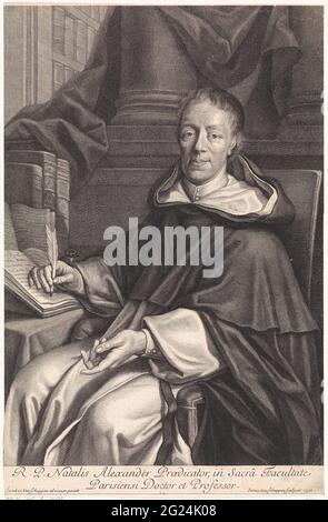 Ritratto di Alexandre Noël. Ritratto del teologo Alexandre Noël. È raffigurato nella sua biblioteca, seduto ad un tavolo. Nella sua mano tiene una penna, apparentemente disturbata quando scrive. Ci sono alcuni pneumatici del libro sulla tabella con le relative proprie pubblicazioni. Sotto il ritratto il suo nome e la sua funzione in latino. Foto Stock