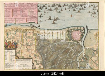 Assedio da Ostenda, 1706; Plan De la Ville d'Ostende. Mappa dell'assedio di Ostenda da parte degli Alleati sotto Hendrik van Nassau, il signor van Ouwerkerk, Bestzijded dal 17 giugno, preso il 6 luglio 1706. In alto a sinistra una cartouche con il titolo e la leggenda 1-57 in francese. In basso a sinistra di una cartouche con una lista dei reggimenti che hanno partecipato all'assedio con le braccia di Hendrik van Nassau, Signore di Ouwekerk e la parte inferiore destra di un graffio: Eschelle i 300 toises. Foto Stock