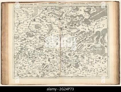 Mappa della Francia settentrionale, 1712; carte Private Des environs d'Avesnes, LandRecy, la Capelle, Guise, ecc .. Mappa della Francia settentrionale con le città di Avesnes, Landrecies, la Capelle e Guise, 1712. Parte di una raccolta di combattimenti e piani di città e di Gesatur la guerra di successione spagnola. Questa piastra appartiene alle prime 24 piastre che insieme formano una mappa molto grande dei Paesi Bassi meridionali. Foto Stock