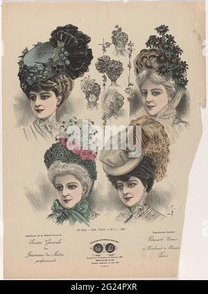 Suppément de la Modist Française, Société Générale des Journaux le modalità professionali 1907, n° 9105, full. XXIII, n. 6. Quattro teste da donna con diversi cappelli decorati con ciliegie, fiori, piume e nastro. Al centro di quattro disegni a linee piccole dal retro. Stampa della rivista di moda 'la Modiste Française' (1885-1914). Foto Stock