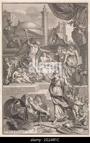 Mostra allegorica con storia, tempo del padre e minerva; pagina del titolo per: S. Pitiscio, Lessico Antiquatum Romanarum, 1737. La storia scrive la storia di Roma. Lei guarda il tempo del padre che tiene una torcia bruciante e la punta ad un gruppo di filosofi. In primo piano Minerva che usa gli uomini per scavare monete. Sullo sfondo vari monumenti di Roma. Foto Stock