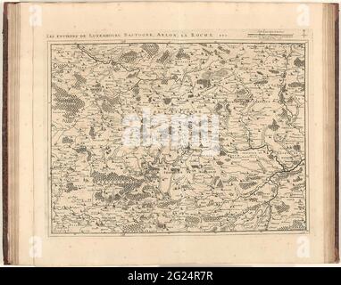 Mappa di Lussemburgo, 1727; Les environs de Luxembourg, Bastogne, Arlon, la Roche etc .. Mappa del Lussemburgo con le città di Bastogne, Arlon e la Roche, 1727. Parte di una raccolta di progetti di battaglie e città famose nella guerra di successione spagnola. Questa piastra appartiene alle prime 24 piastre che insieme formano una mappa molto grande dei Paesi Bassi meridionali. Foto Stock