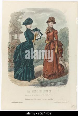 La Fashion Illustrée, 1883, n. 34: Toilette De Mme Bréant Castel (...). Due donne in abiti da trekking con Turnure da Bréant Castel. Stampa dalla rivista la Mode Illustrée mode (1860-1937). Foto Stock