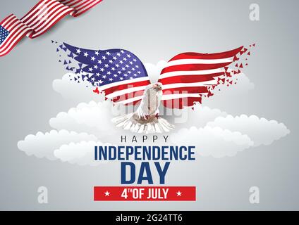 Happy Independence Day con piccione e bandiera USA. 4 luglio celebrazione banner, poster, volantino, biglietto d'auguri design. Memorial Day. styl Illustrazione Vettoriale