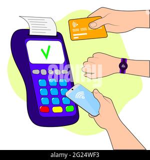 Pagamento senza contatto. Carta di credito. TECNOLOGIA NFC dei terminali POS.Vector Illustrazione Vettoriale