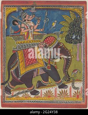 Varaha (Vishnu come Boar) cavalcando un elefante. Un elefante con catene sull'arteria destra attraversa un paesaggio stilizzato, sulla sua schiena una berlina con una figura a quattro armamenti con una tazza a foro; lo spettacolo è in parte sopra gli pneumatici decorativi. Pneumatici ornamentali con motivi in bianco e nero e sinuati in rosso. Foto Stock