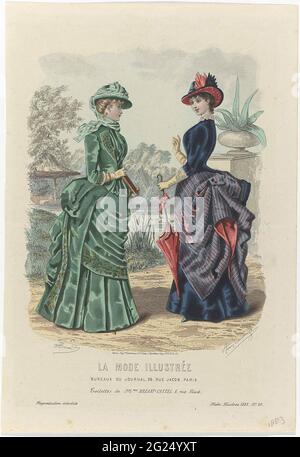 La Fashion Illustrée, 1883, n. 42: Toilette De Mme Bréant-Castel (...). Due donne in uno stagno, nel Junoun con Tournure di Bréant-Castel. Stampa dalla rivista la Mode Illustrée mode (1860-1937). Foto Stock