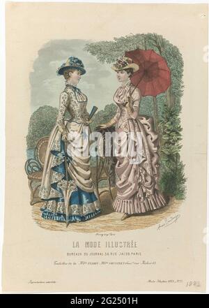 La Fashion Illustrée, 1883, n. 31: Toilettes de la M.on Fladry (...). Due donne in forma con coda da Maison Fladry, successore di Coopsinet. Bastone da passeggio, che può essere utilizzato anche come un ombrellone. Stampa dalla rivista la Mode Illustrée mode (1860-1937). Foto Stock