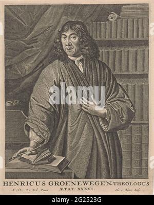 Ritratto di Henricus Groenewegen. Henricus Groenewegen ginocchiera, all'età di 36 anni, in piedi davanti ad una libreria, la sua mano destra con una penna poggiata su due libri aperti su un tavolo lasciato da lui. Sullo sfondo un contenitore di inchiostro. Foto Stock