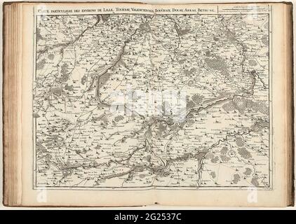 Mappa della Francia settentrionale, 1711; carte private des environs de Lille, Tournay, Valenciennes, Bouchain, Douay, Arras, Bethune. Mappa della Francia settentrionale con le città di Lille, Tournai, Valenciennes, Bouchain, Douai, Arras e Béthune, 1711. Parte di una raccolta di progetti di battaglie e città famose nella guerra di successione spagnola. Questa piastra appartiene alle prime 24 piastre che insieme formano una mappa molto grande dei Paesi Bassi meridionali. Foto Stock