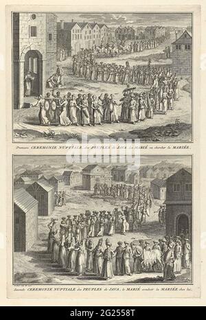 Rituali coniugali giavanesi. Foglio con due spettacoli di rituali di nozze giavanesi. Sopra: Processione alla casa della sposa. Le donne portano i regali per il matrimonio. A casa la sposa laverà i piedi del marito che si approssima. Sotto: Processione alla casa dello sposo. Il cavallo dove ha guidato per primo è preso a portata di mano. Sotto gli spettacoli una didascalia in francese. Foto Stock