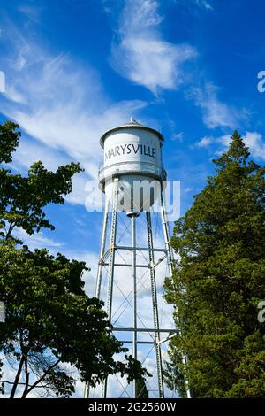 Marysville, WA, USA - 06 giugno 2021; la torre dell'acqua di Marysville nella città della contea di Snohomish contro il cielo blu con alte nuvole passanti Foto Stock