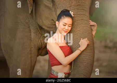 Bella donna abbracciando un elefante, Surin, Thailandia Foto Stock