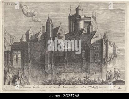 Castello sul fiume. Un castello circondato da acqua. La sinistra viene fumo da un gregge. Destra-tipo di quattro figure su un ponte. In alto a sinistra: CLXXXIII. In basso a destra del margine un Boraxus come firma di Hondius. Foto Stock