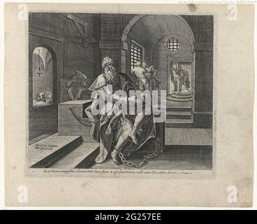 Manasse in carcere; Penitenza e pentimento nell'Antico Testamento e nel nuovo Testamento; typus Divinae Indulgentiae Atqz Misericordiae, Erga EOS Quumbus ex Toto corde Transgressionum POENI Tet ad DNM Deum se Convertunt. Re Manasse di Giuda ritrova la sua fede nelle prigioni di Babilonia. Egli prega a Dio e risponde. La stampa ha una didascalia latina ed è parte di una serie sulla penitenza e il pentimento nel vecchio e nel nuovo Testamento. Foto Stock