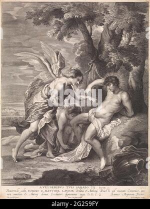 H. Sebastiaan. San Sebastiaan è legato ad un albero. Due angeli lo liberano dalle sue boe e ottengono una freccia dal suo corpo. A terra si trovano l'imbragatura e il mantello di Sebastiaan. Nel margine un testo biblico da Jer. 30 e un incarico al Maastricht Kannunik Matthias Laurix. Foto Stock