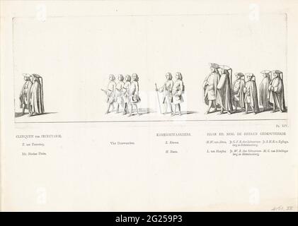 Klerken e membri degli stati protetti della Frisia nella processione funebre della principessa Maria Louise, 1765; Corpse della principessa Maria Louise, 1765. Klerken e membri dell'Esecutivo Provinciale della Frisia. Firma in basso a destra: pl. XIV. Sulla foglia sotto la targa i nomi delle persone in processione. Parte della serie di piatti dei funerali della principessa Maria Louise a Leeuwarden il 13 giugno 1765. Foto Stock