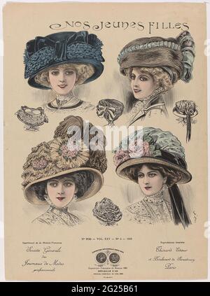 Suppément de la Modist Française, Société Générale des Journaux de Modes Professionnels, 1909, No. 9193, full. XXV, n. 4: N. Jeunes Filles. Quattro teste da donna con diversi cappelli (paglia) decorati con foglie, nastri, fiocco, fiori (rose) e struzzo. In aggiunta ad ogni cappello una piccola linea che si disegna dalla parte posteriore. Stampa della rivista di moda 'la Modiste Française' (1885-1914). Foto Stock