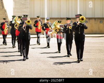 Banda militare a Wellington Barracks, Birdcage Walk, buckingham Palace, londra, inghilterra Foto Stock