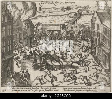 Furie francese ad Anversa, 1583; la Franche Fury ad Anversa. La Furie francese ad Anversa, 17 gennaio 1583. Assassinio e saccheggio di soldati francesi nelle strade di Anversa nel tentativo di conquistare la città per il duca d'Angiò. Con didascalia di 4 righe in latino. Numerato 146. Stampato sul retro con testo in latino. Foto Stock