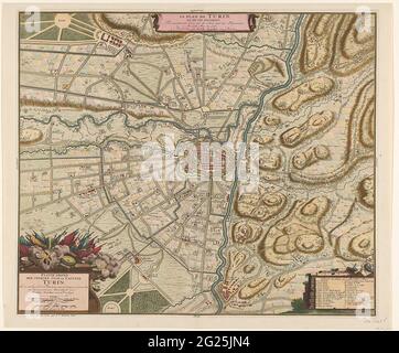 Mappa di Torino e dintorni, 1706; le Plan De Turin, et de des environs / terreno pianeggiante della città di Stercke e Casteel Torino. Mappa della città italiana di Torino e dintorni. Torino Besimata dai francesi, fu sollevata dagli Alleati sotto il Principe di Savoia il 7 settembre 1706. In basso a destra di una cartouche con la leggenda A-Z in francese. Foto Stock